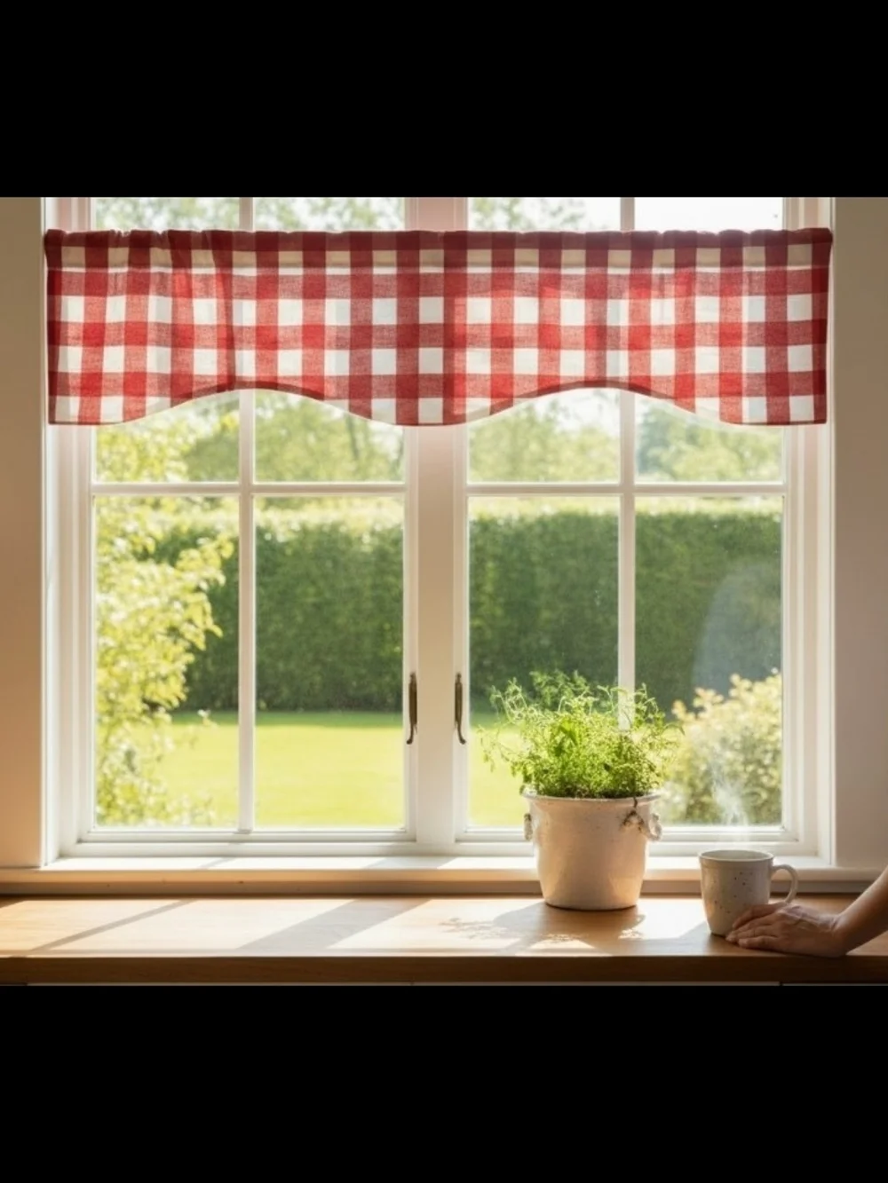 Red and White Gingham Check Scallop Set Of 2 Window Valances 60x14 Patriotic USA